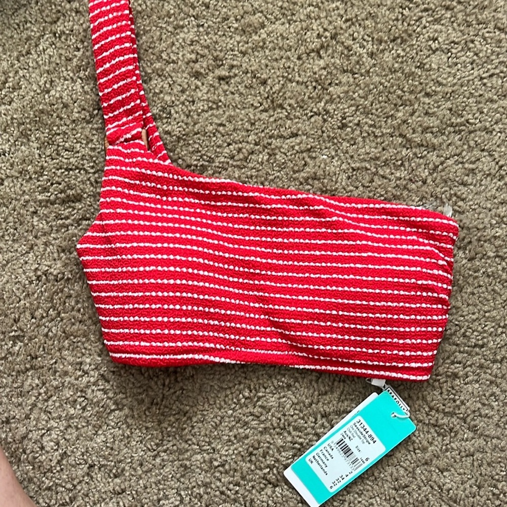 Seafolly Red & White Stripe One Shoulder Bikini Top, NWT